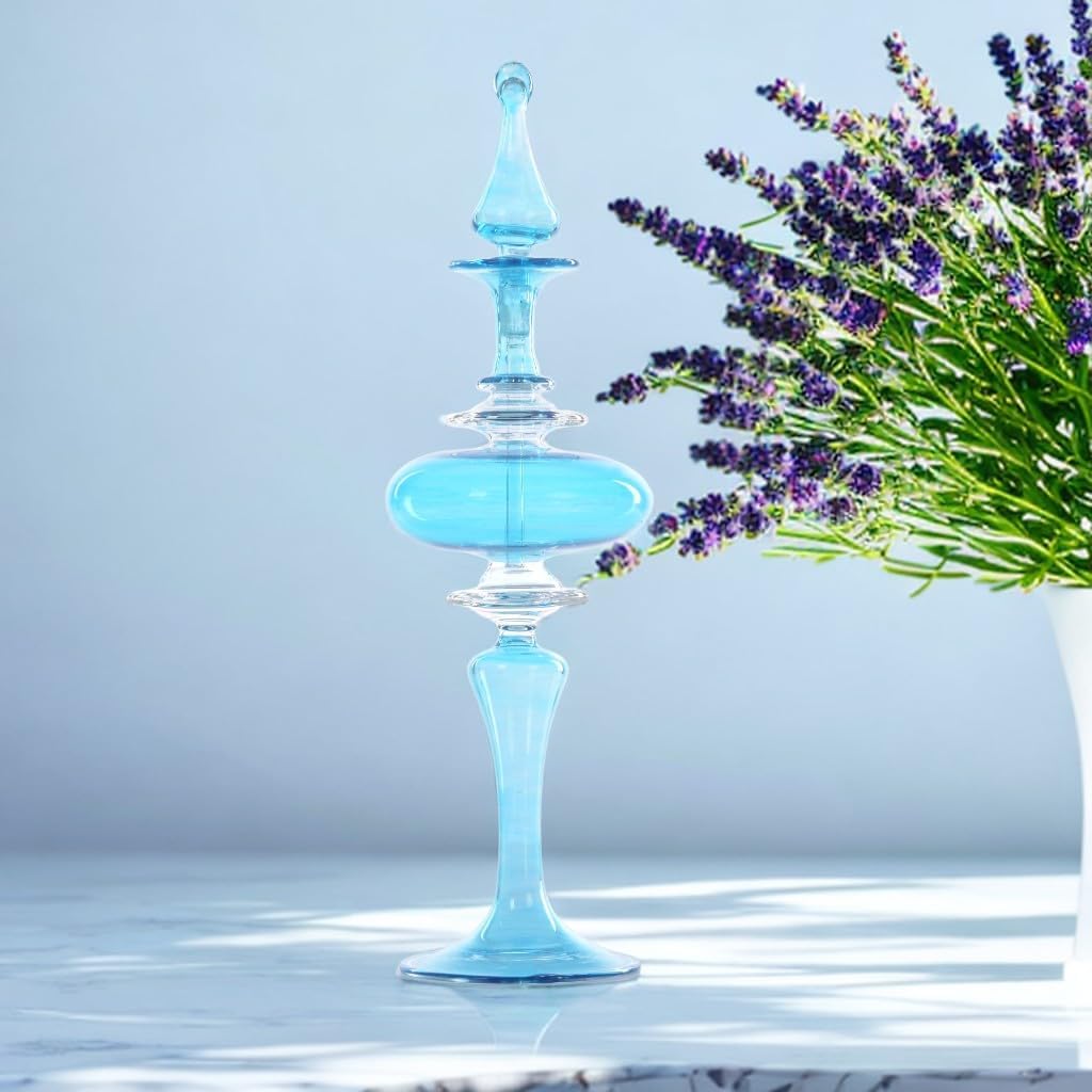 Iridescent Blue Blown Glass Perfume Bottle - Handmade Refillable Home Decor Accessory for Women