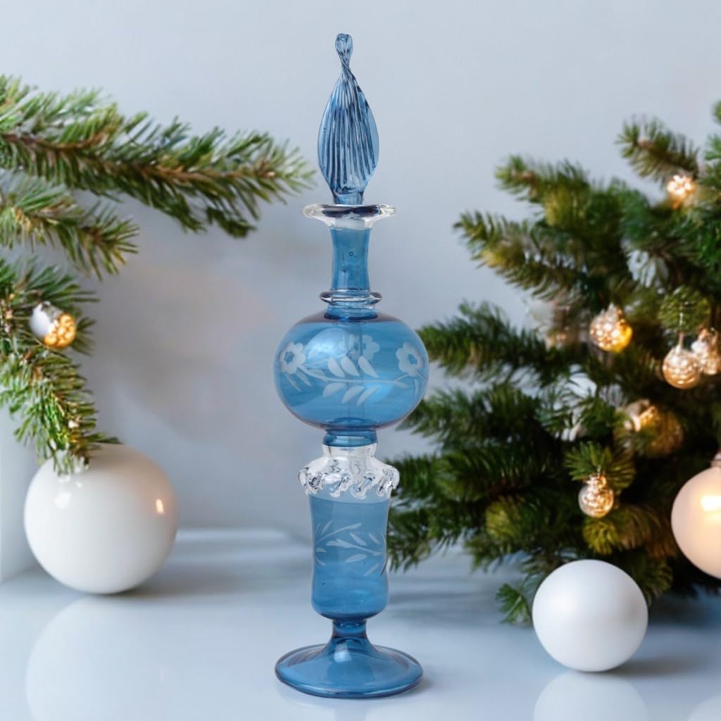 Ornamenta Handcrafted Blue Glass Perfume Bottle with Engraved Design
