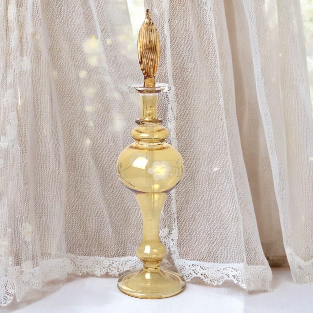 Hand-Blown Amber Glass Fragrance Bottle with Floral Etching