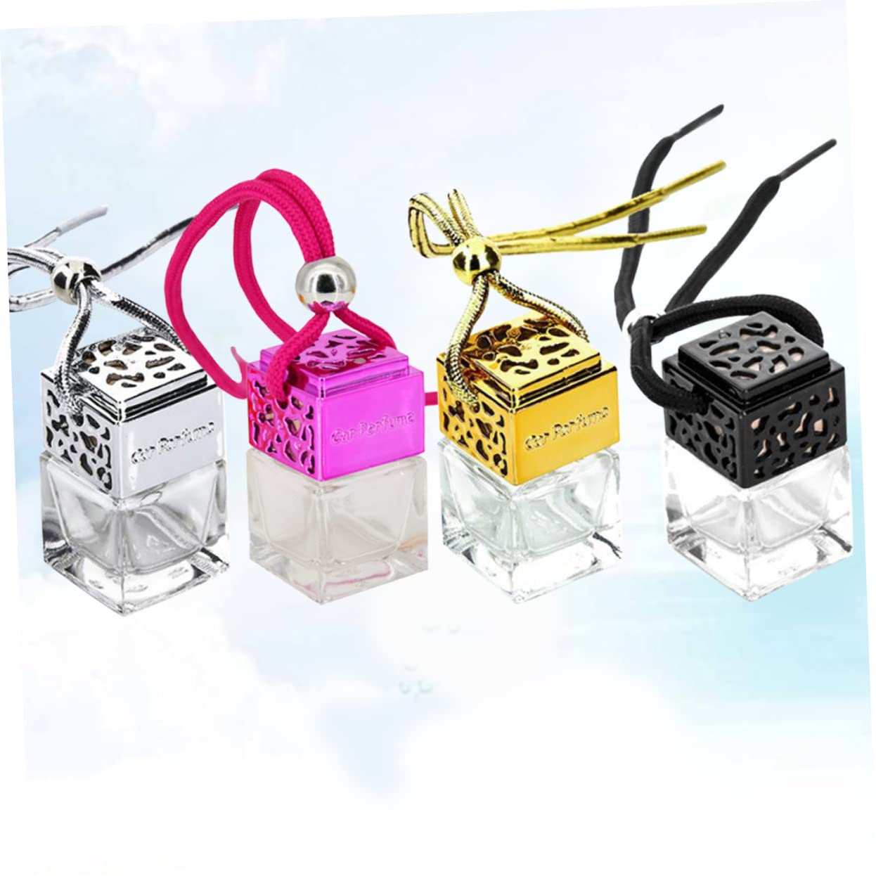 Car Perfume Bottle Pendant 4Pcs 8ml Hollow Glass Essential Oil Bottle for Men Women Decorative Air Freshener