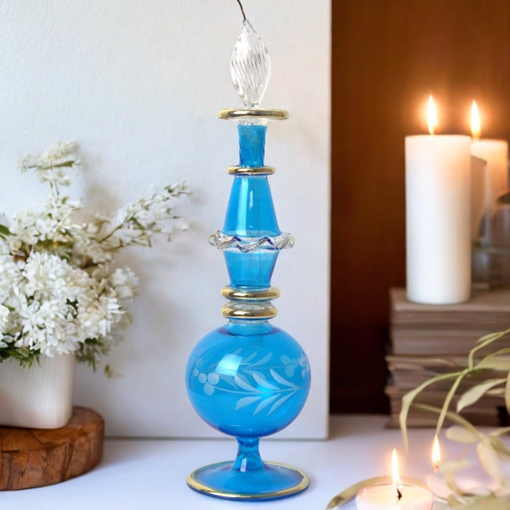 Handmade Blue Glass Perfume Bottle with Golden Accents