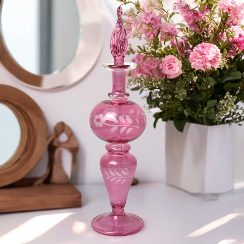 Hand-Blown Pink Glass Perfume Bottle with Floral Etching