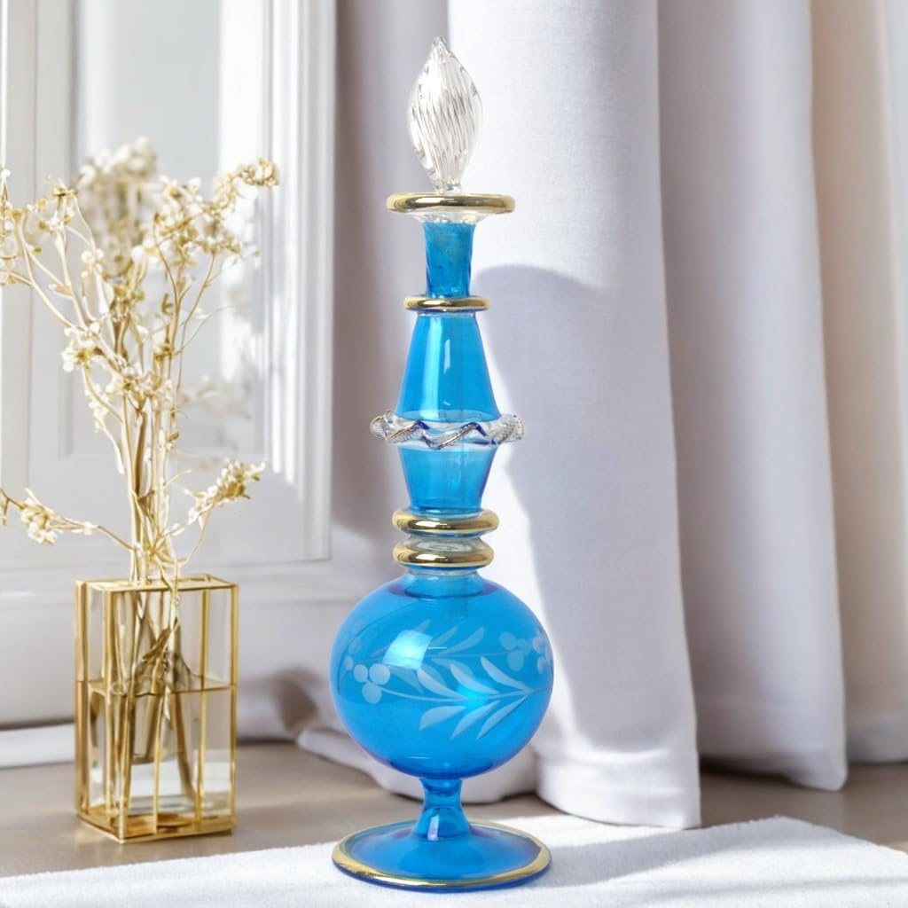 Handmade Blue Glass Perfume Bottle with Golden Accents