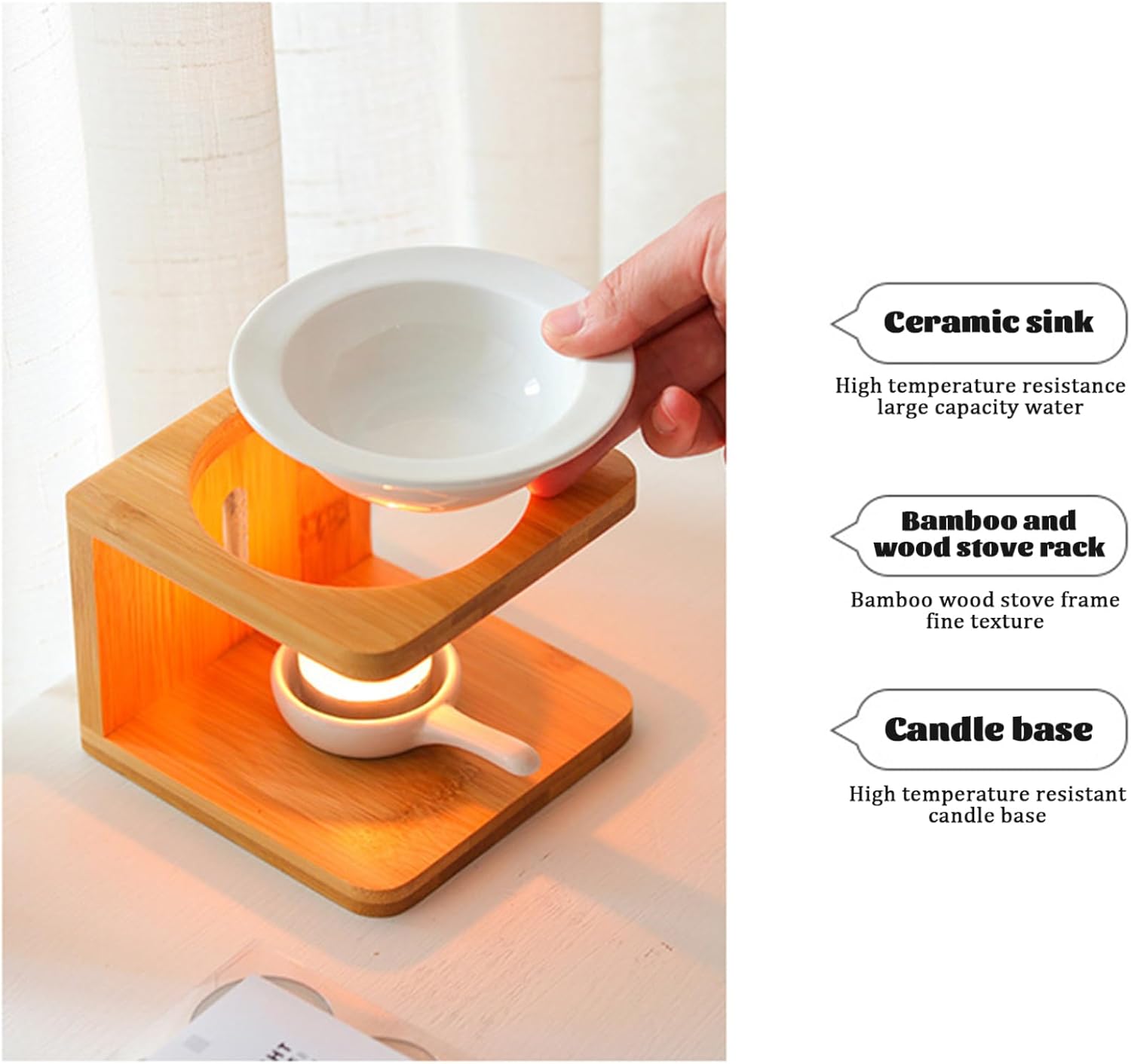 Ceramic Essential Oil Burner with Bamboo Base and 100ML Removable Bowl