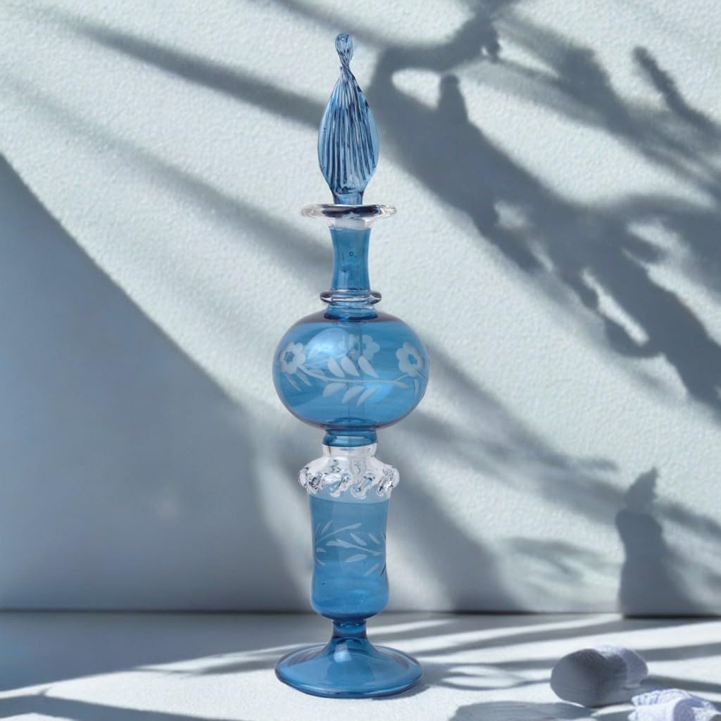 Ornamenta Handcrafted Blue Glass Perfume Bottle with Engraved Design