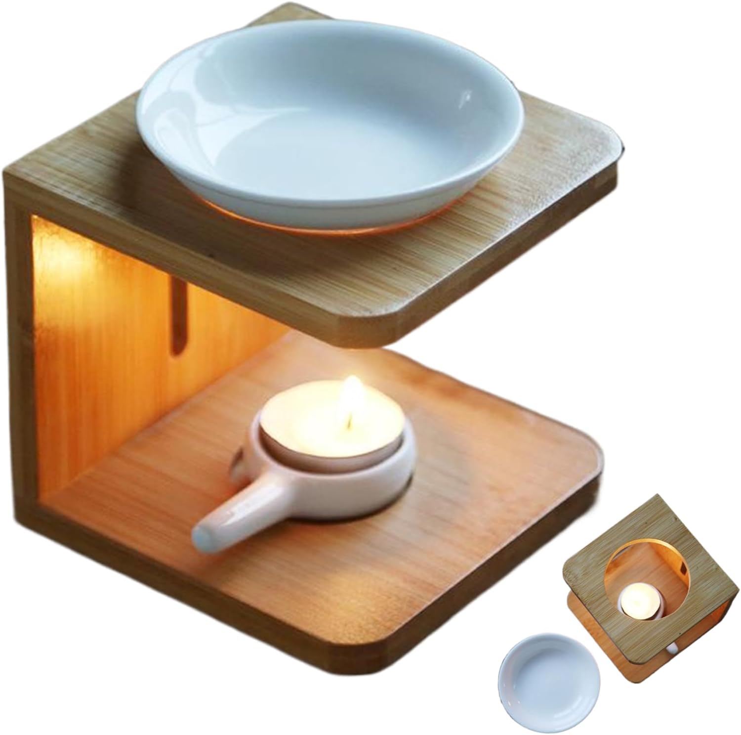 Essential Oil Burner with Bamboo Base and Ceramic Bowl