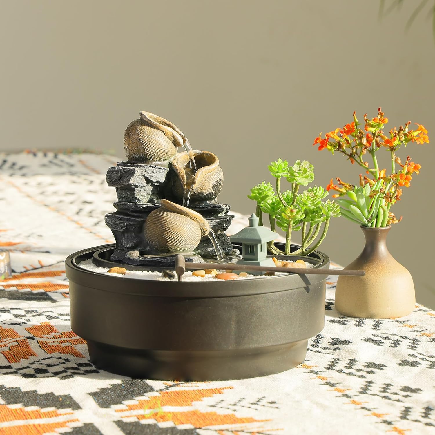 Tabletop Water Fountain with LED Lights and Pagoda