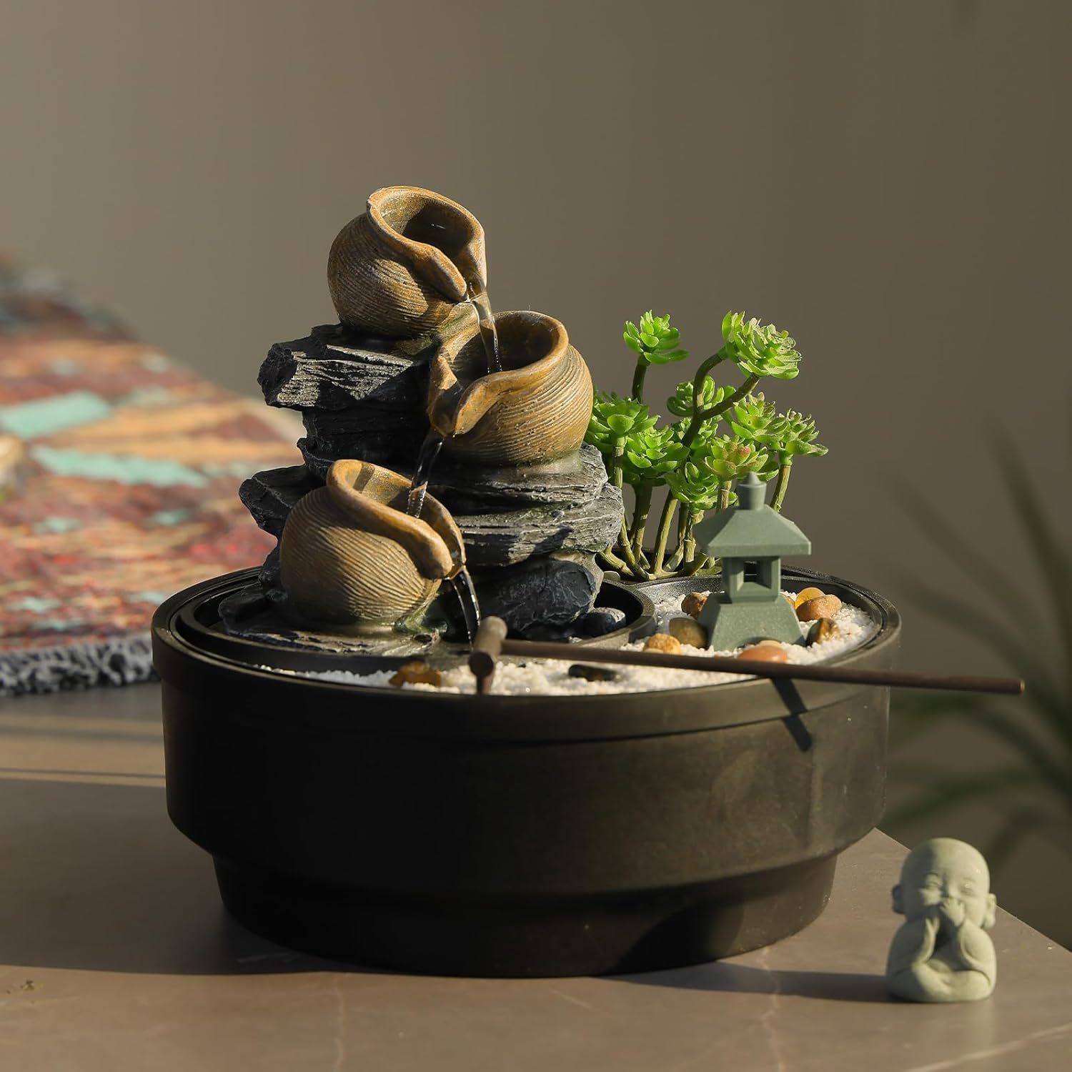 Tabletop Water Fountain with LED Lights and Pagoda