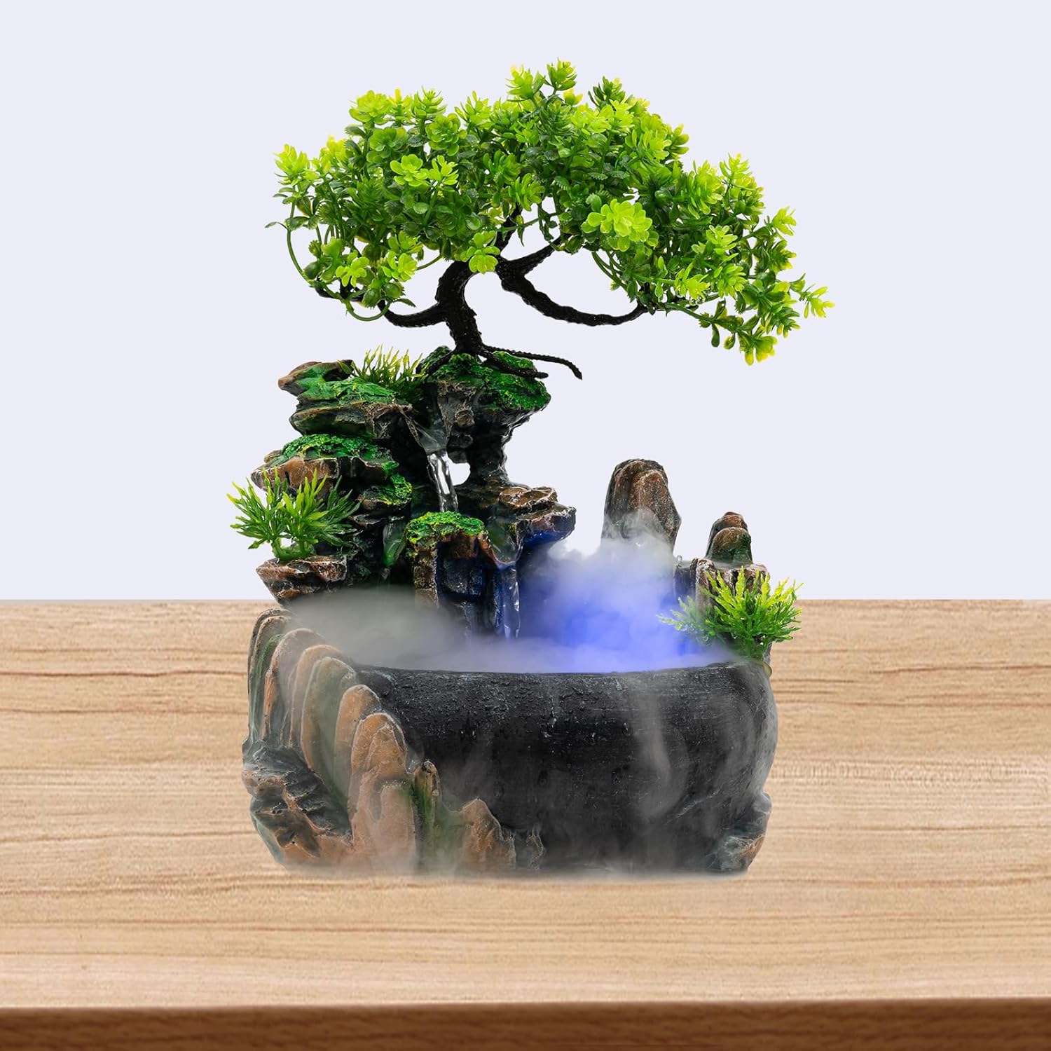 Indoor Tabletop Fountain Humidifier with Light and Rockery Design
