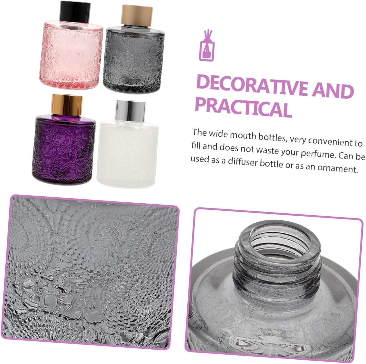 BESTYASH 4pcs Embossed Aromatherapy Glass Perfume Bottles