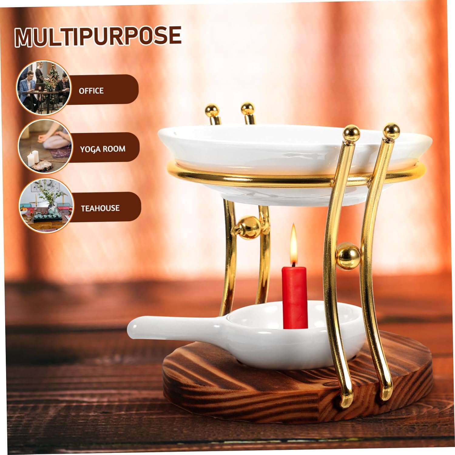 Wooden Essential Oil Burner with Iron Base for Aromatherapy