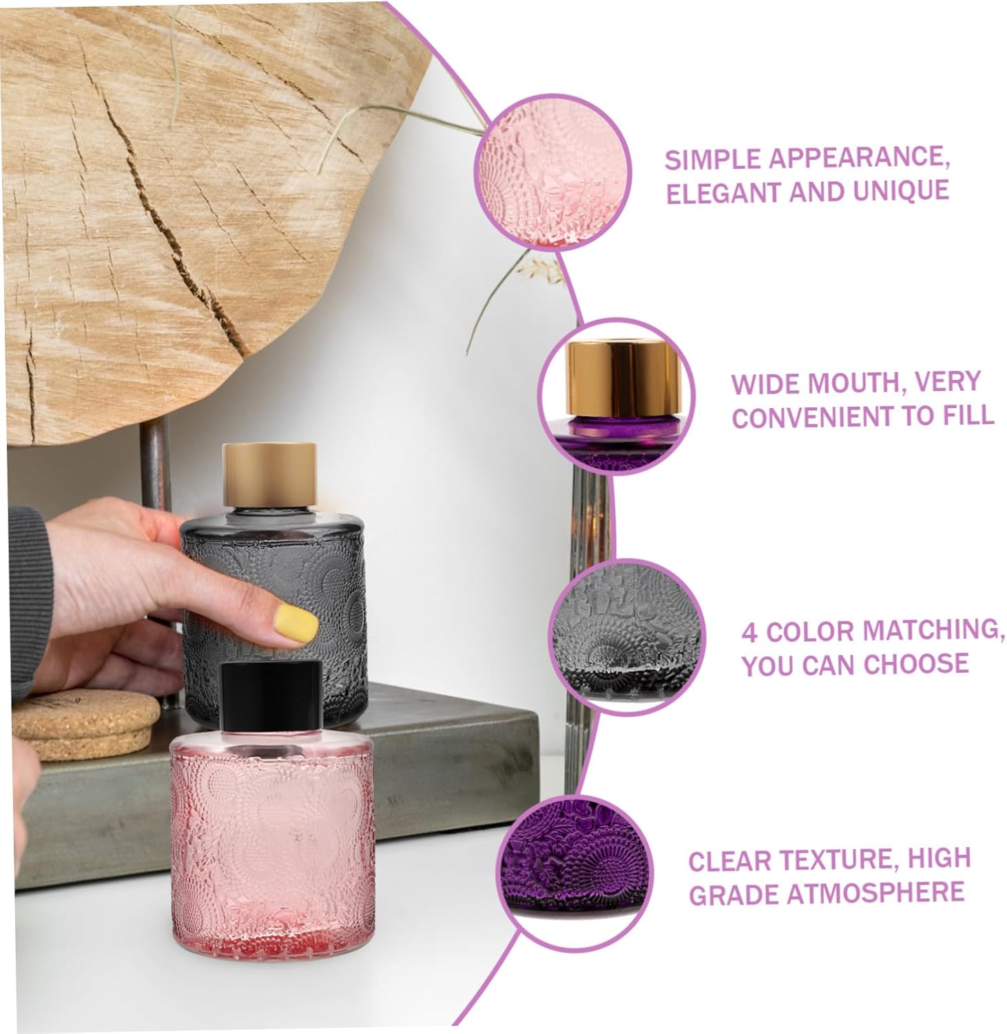 PRETYZOOM 4pcs Embossed Aromatherapy Diffuser Bottles with Rattan Sticks for Home Fragrance Decor