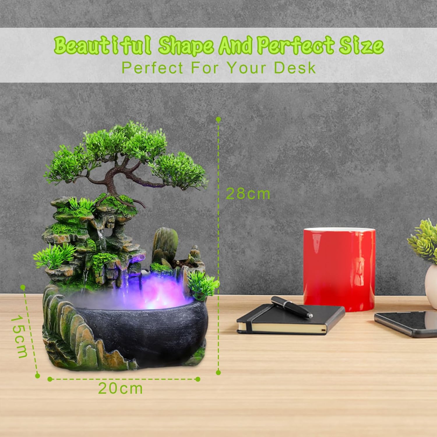Tabletop Water Fountain with LED Light and Plants