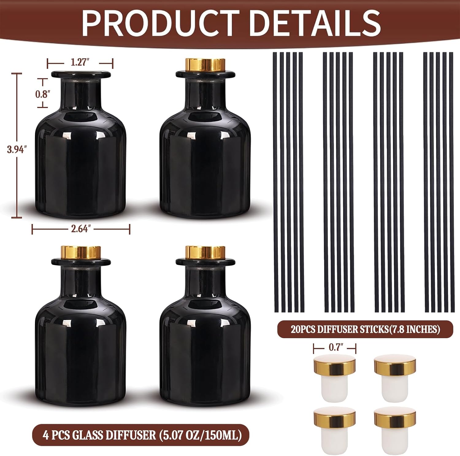 4 Pack Perfume Reed Diffuser Bottles with Gold Caps and Black Sticks