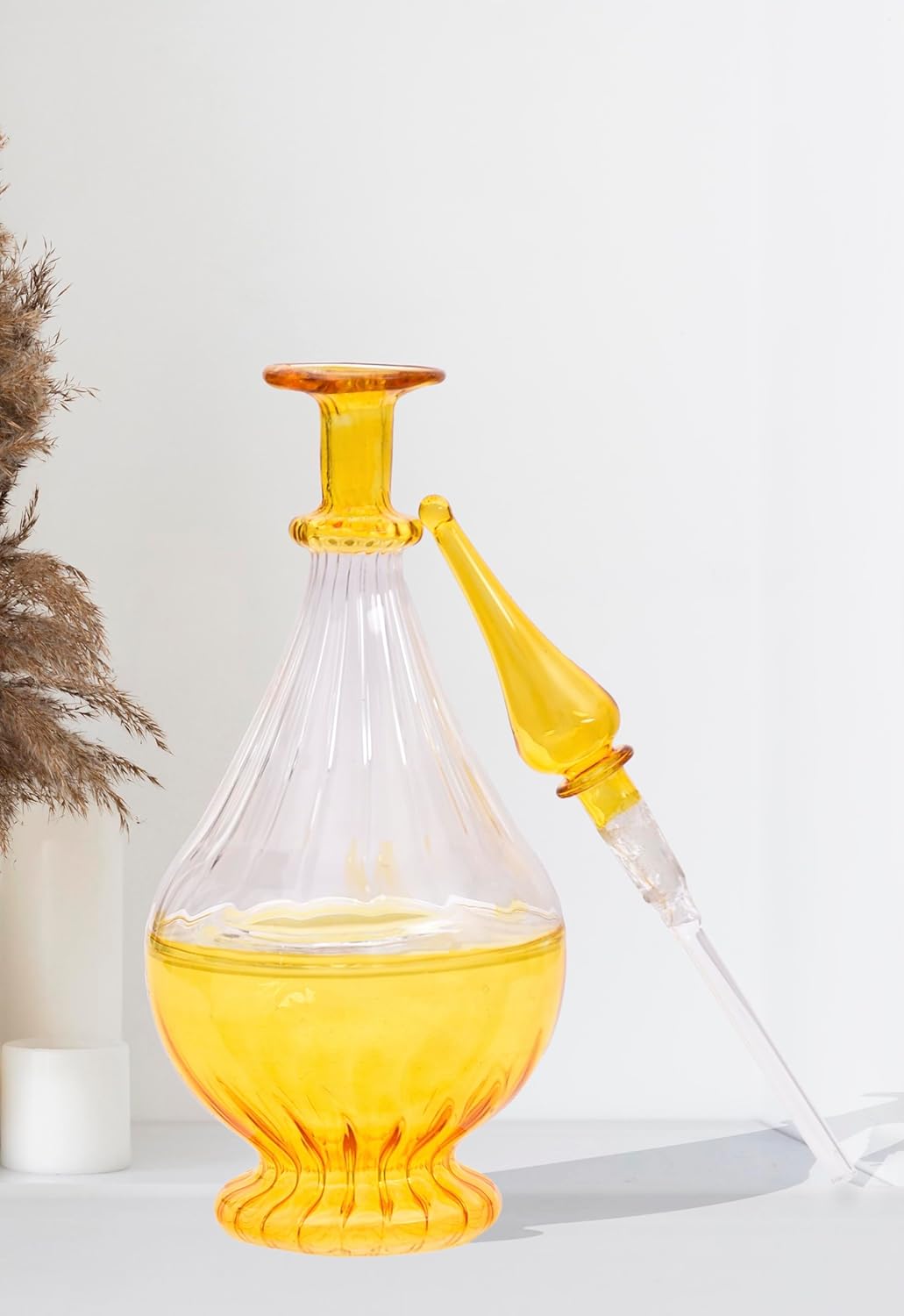 Hand-Blown Yellow Glass Perfume Bottle with Ribbed Design