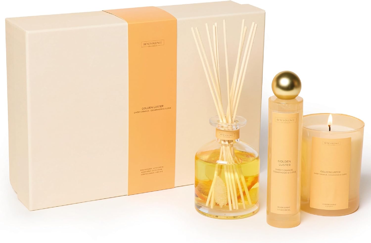 Golden Luster Gift Box with Candle Room Spray and Reed Diffuser