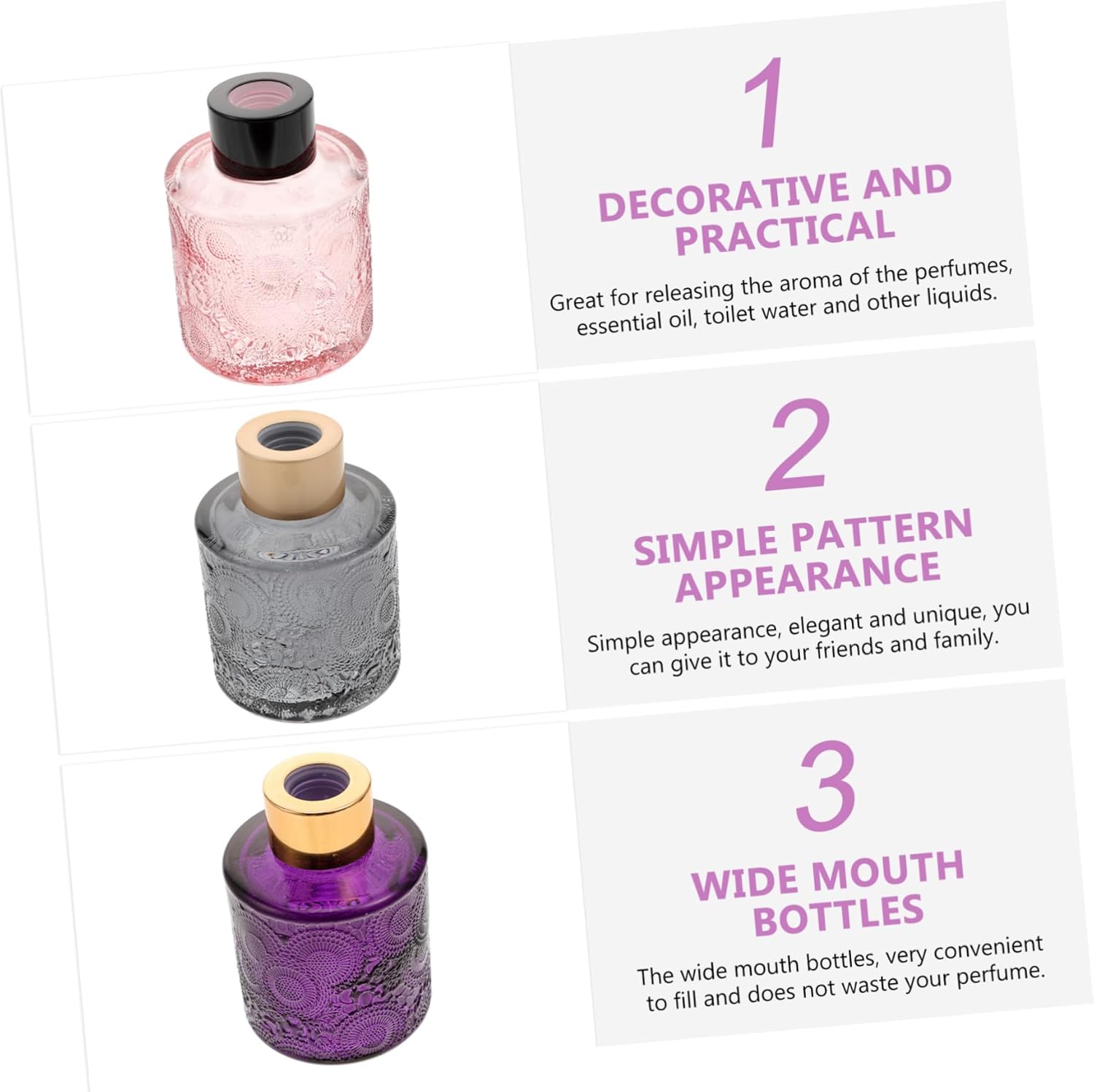 PRETYZOOM 4pcs Embossed Aromatherapy Diffuser Bottles with Rattan Sticks for Home Fragrance Decor