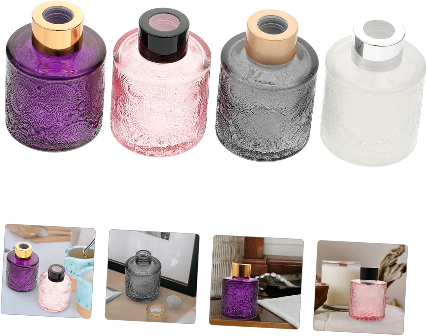Amosfun 4pcs Embossed Aroma Diffuser Bottles for Home Decor