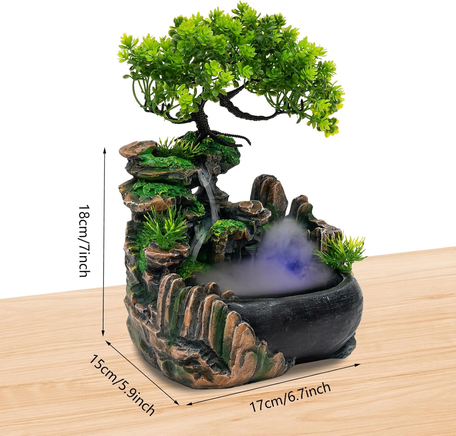 Indoor Tabletop Fountain Humidifier with Light and Rockery Design