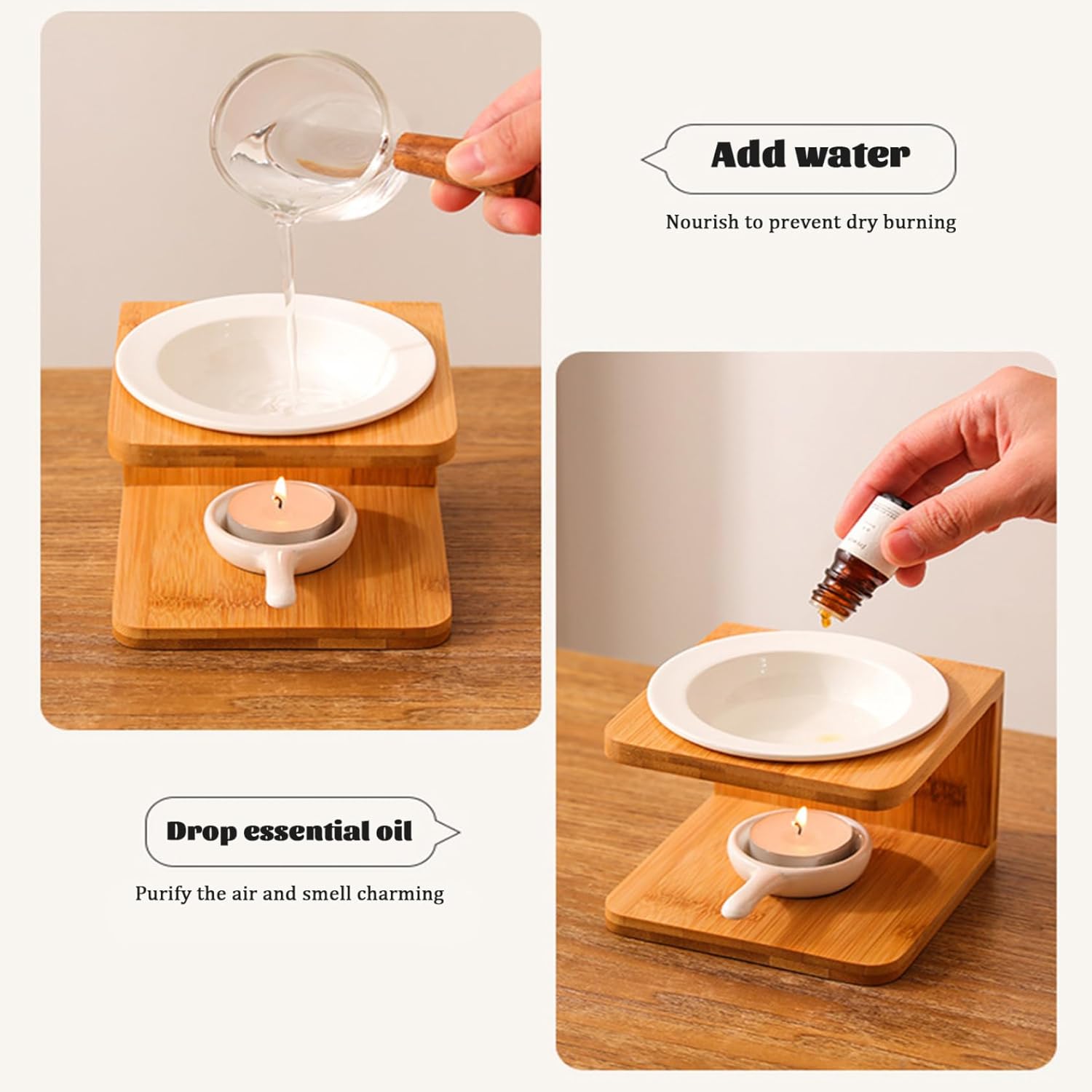 Essential Oil Burner with Bamboo Base and Ceramic Holder