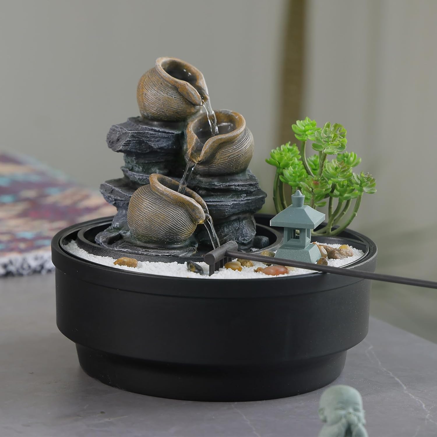 Tabletop Water Fountain with LED Lights and Pagoda