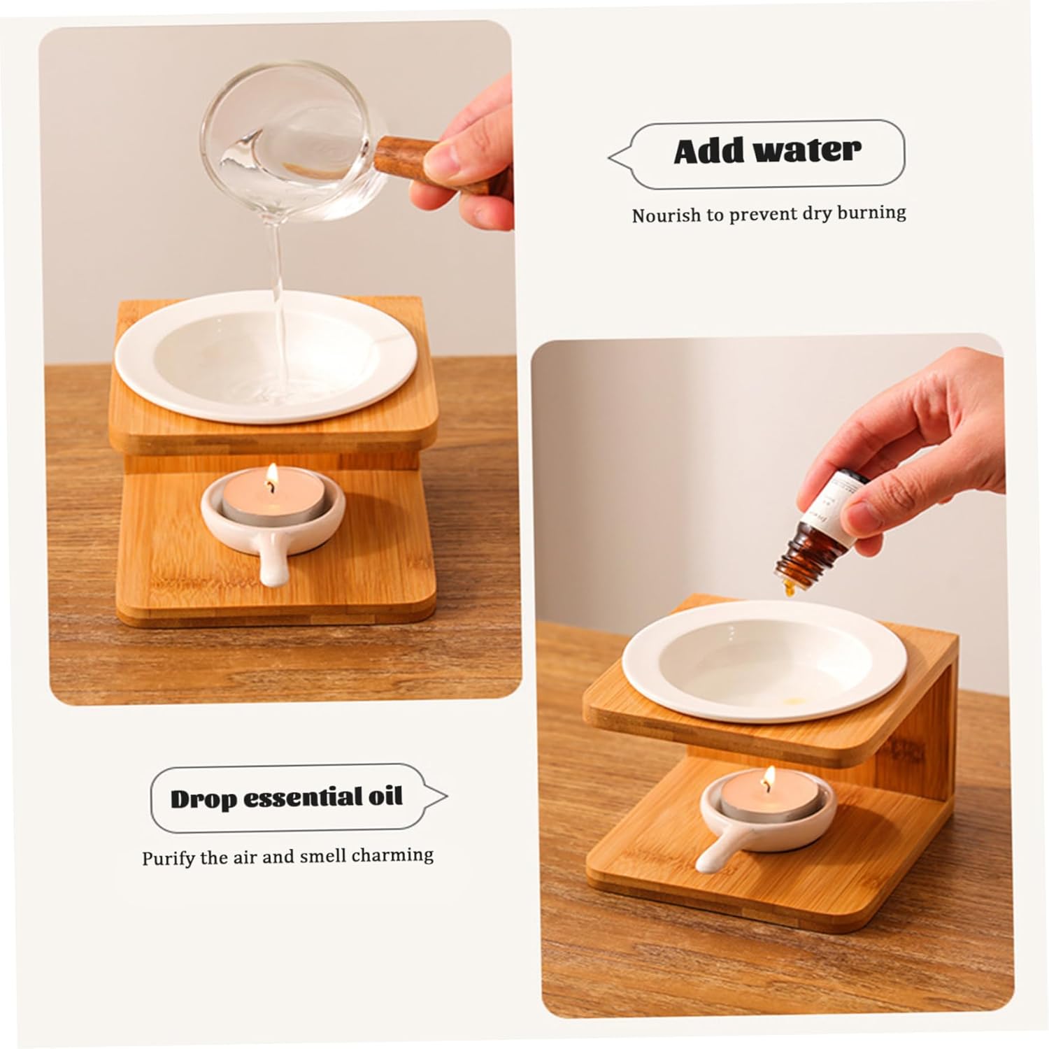 Essential Oil Burner with Bamboo Base and Ceramic Bowl