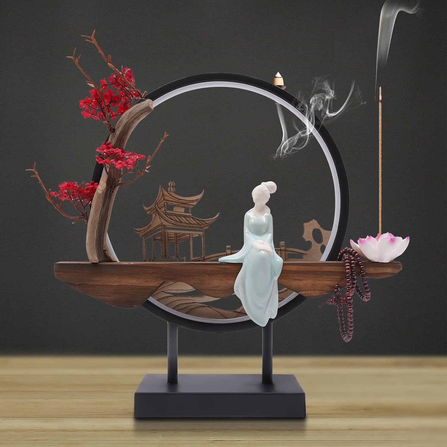Tabletop Water Fountain with LED Light and Incense Burner