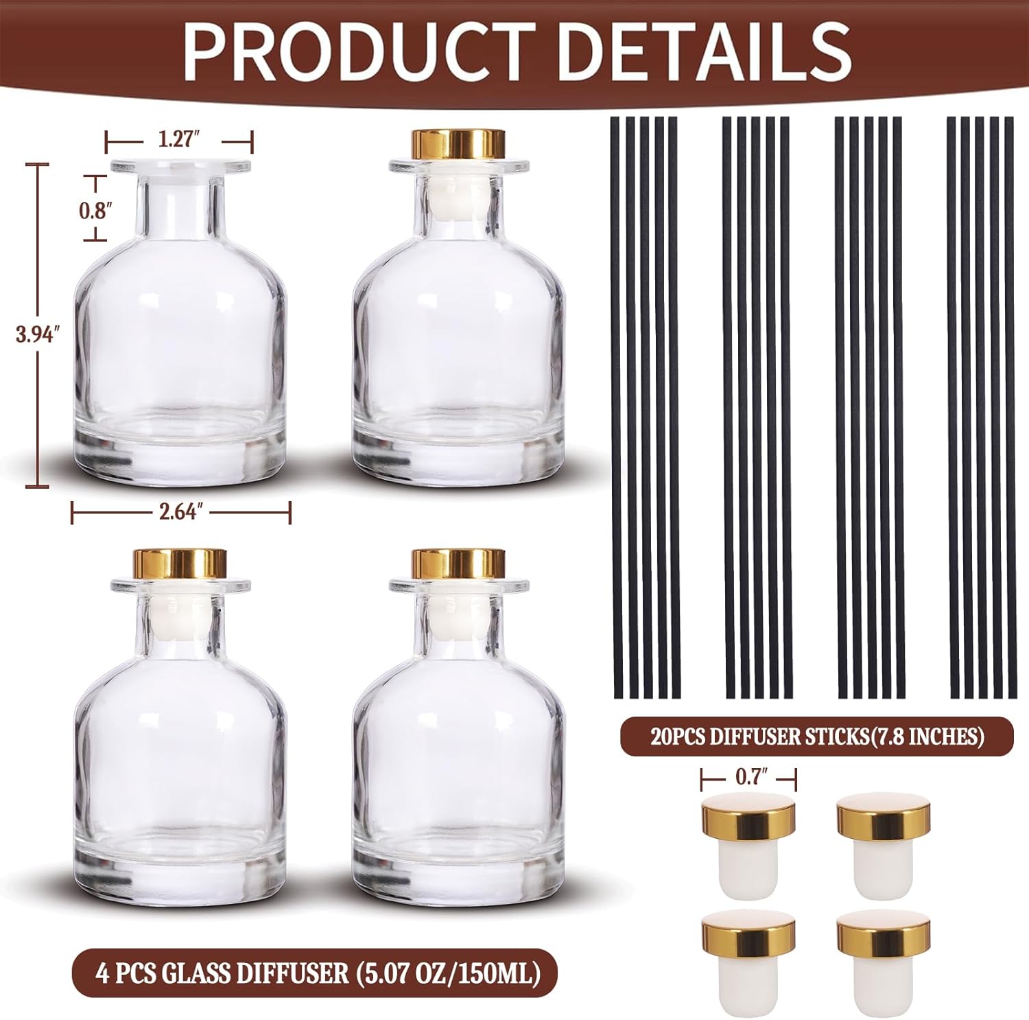 4 Pack Transparent Reed Diffuser Bottles with Gold Caps and Black Sticks for DIY Fragrance