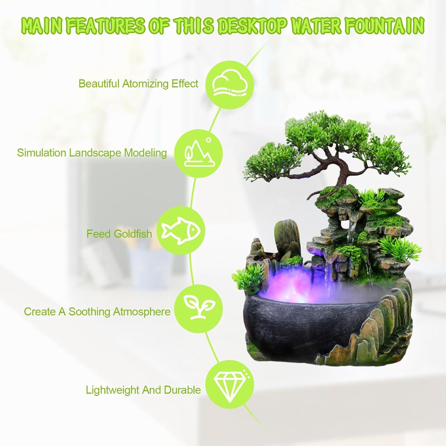 Tabletop Water Fountain with LED Light and Plants