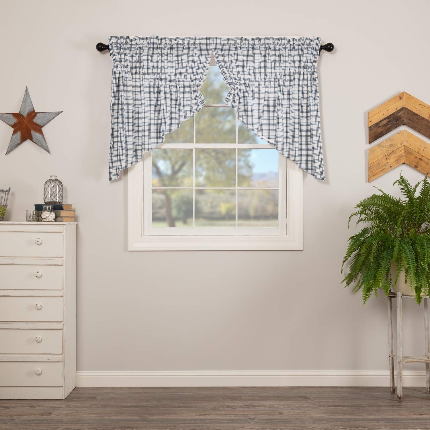 VHC Brands Prairie Swag Farmhouse Kitchen Curtains Blue Plaid