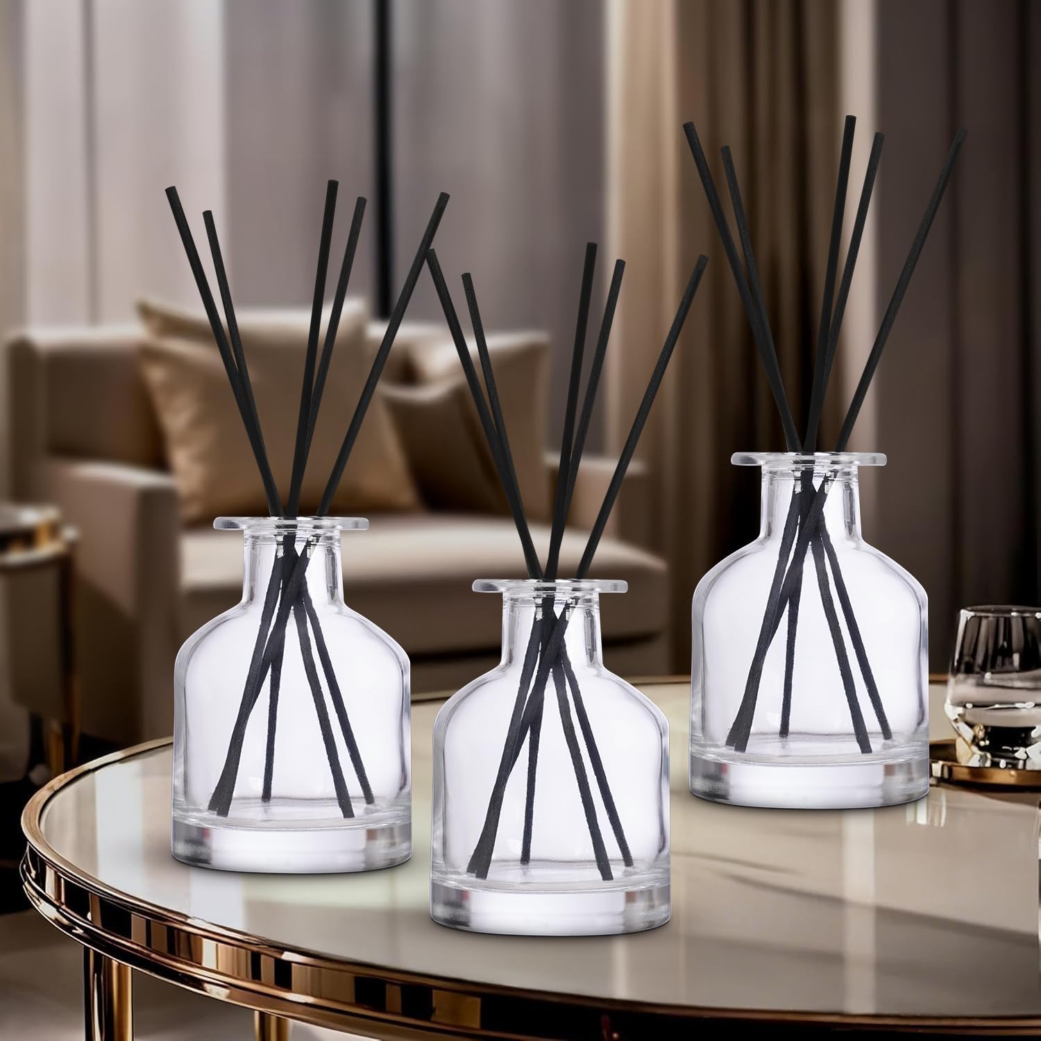 4 Pack Transparent Reed Diffuser Bottles with Gold Caps and Black Sticks for DIY Fragrance
