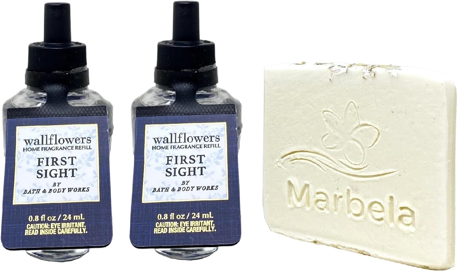 Bath Body Works FIRST SIGHT 2 Pack Wallflowers Home Fragrance Refill Bulbs with Marbela Natural Oats Sample Soap