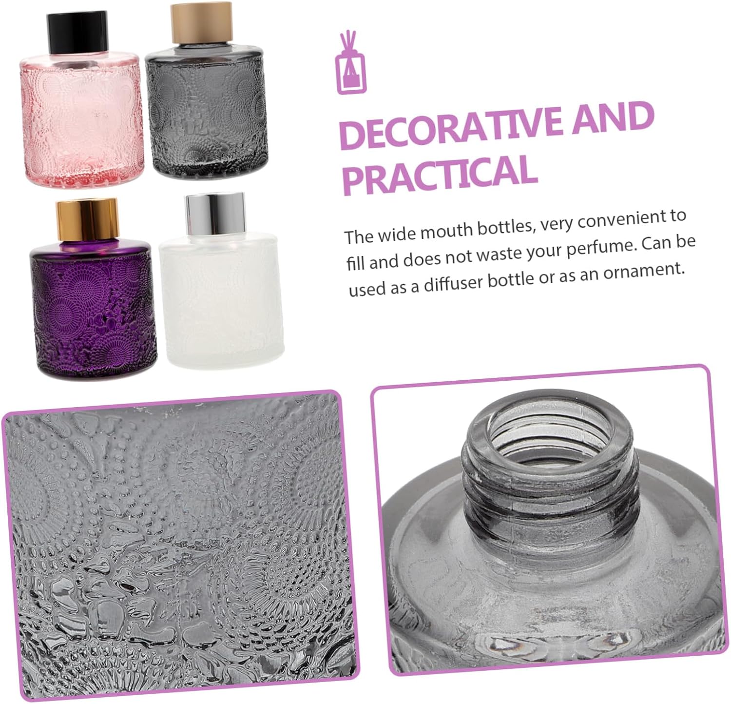 PRETYZOOM 4pcs Embossed Aromatherapy Diffuser Bottles with Rattan Sticks for Home Fragrance Decor