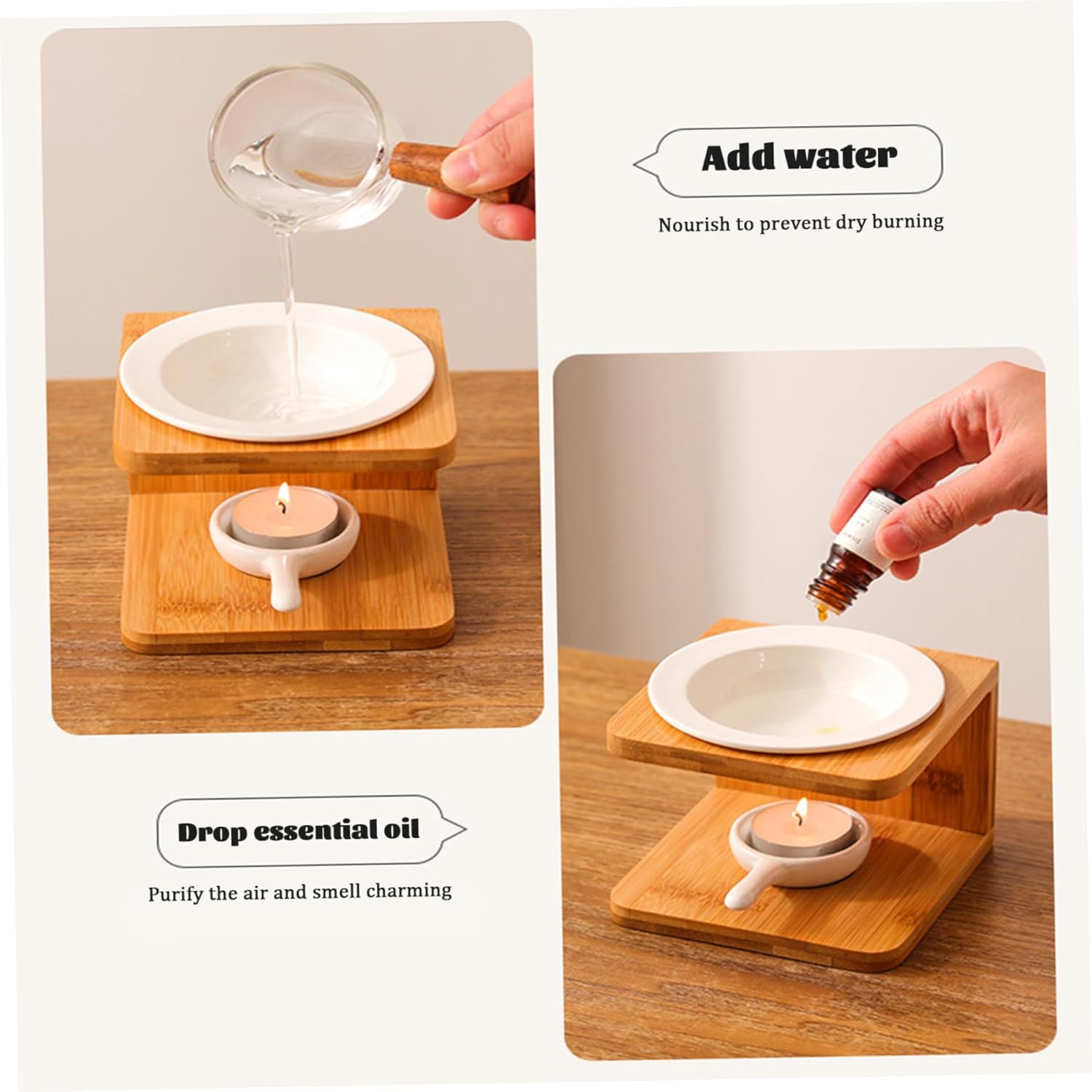 Essential Oil Warmer with Bamboo Base and Ceramic Bowl