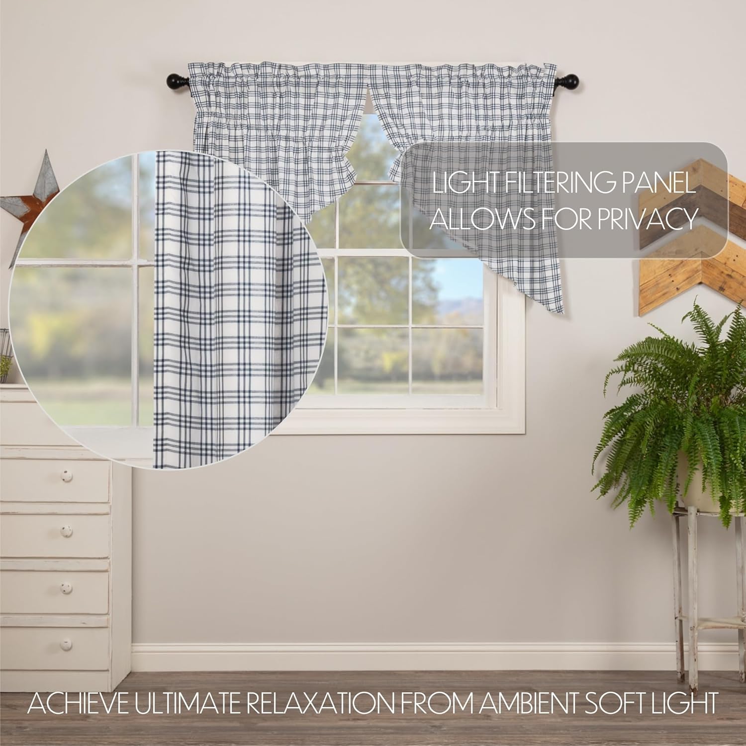 VHC Brands Prairie Swag Farmhouse Kitchen Curtains Blue Plaid