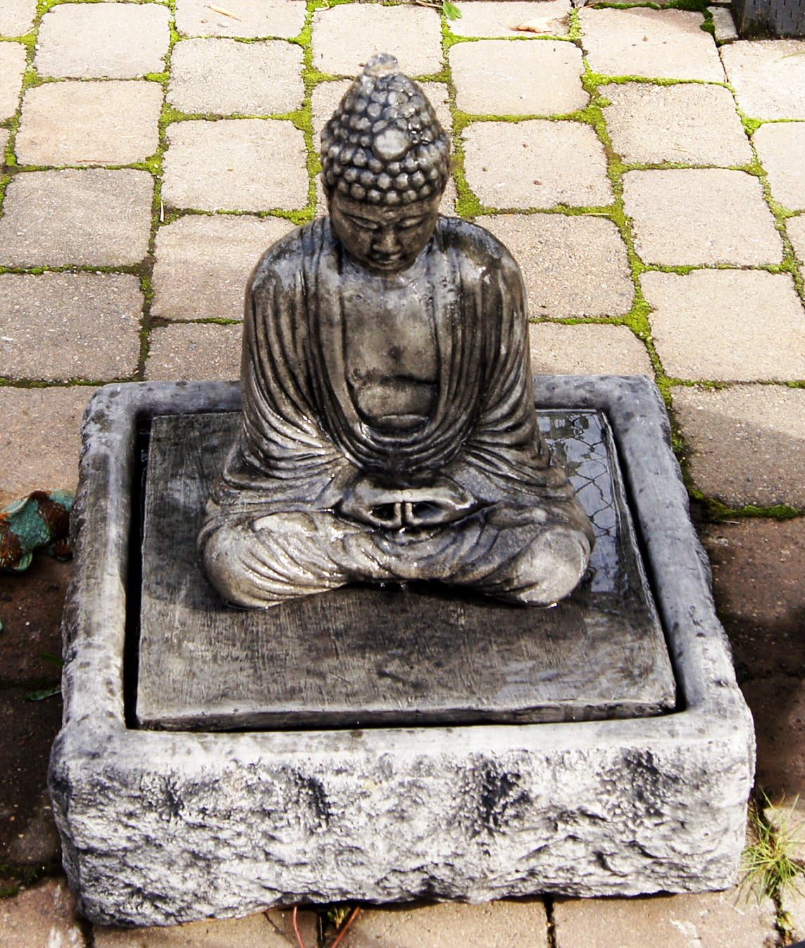 Sitting Buddha Fountain with Meditating Buddha and Bench Set