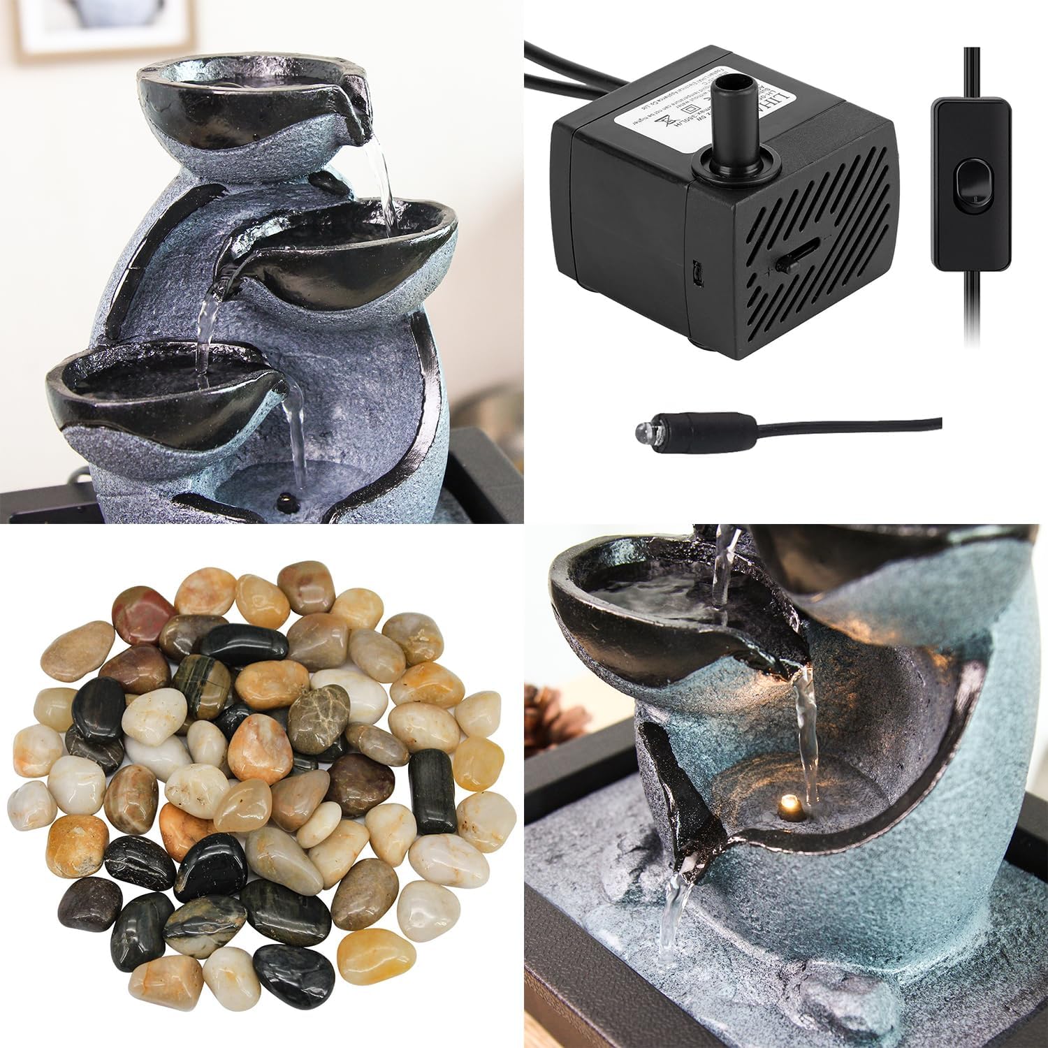 Indoor Tabletop Water Fountain with LED Light and Pump