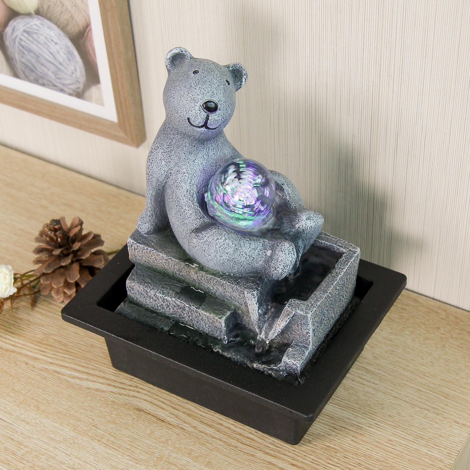 Cute Bear Indoor Waterfall Fountain with Colored LED Lights