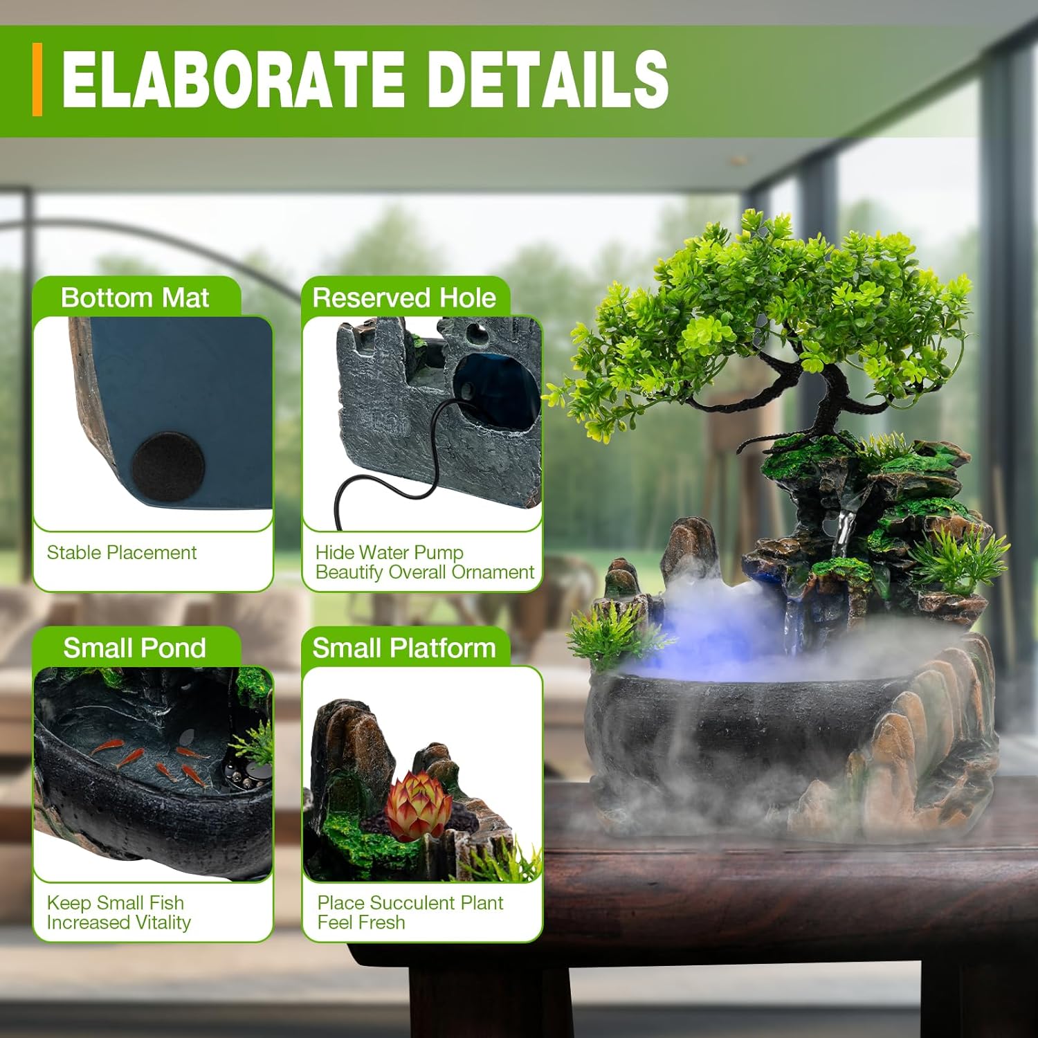 CAIHAOA Indoor Tabletop Fountain with Light and Pump