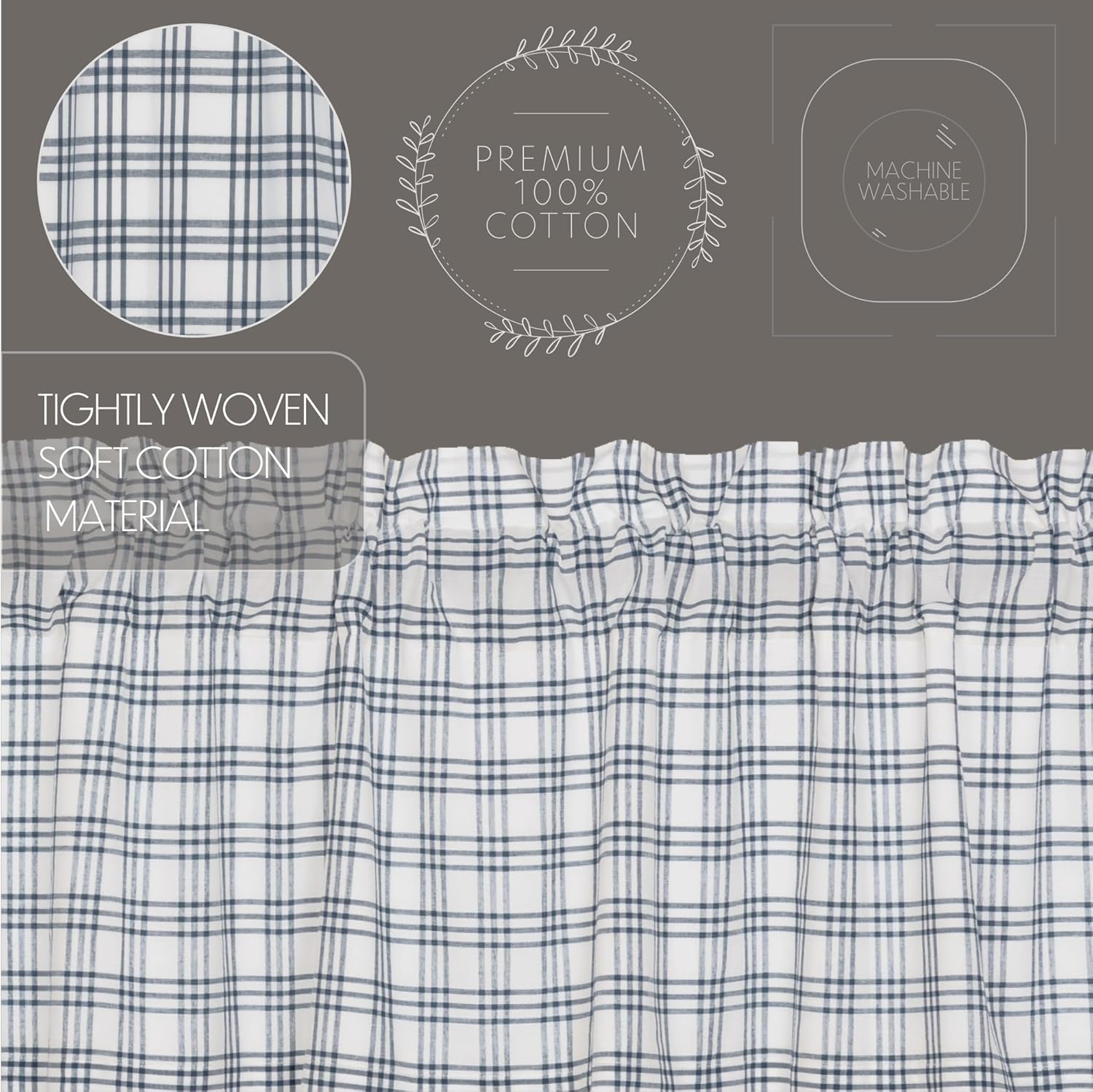 VHC Brands Prairie Swag Farmhouse Kitchen Curtains Blue Plaid