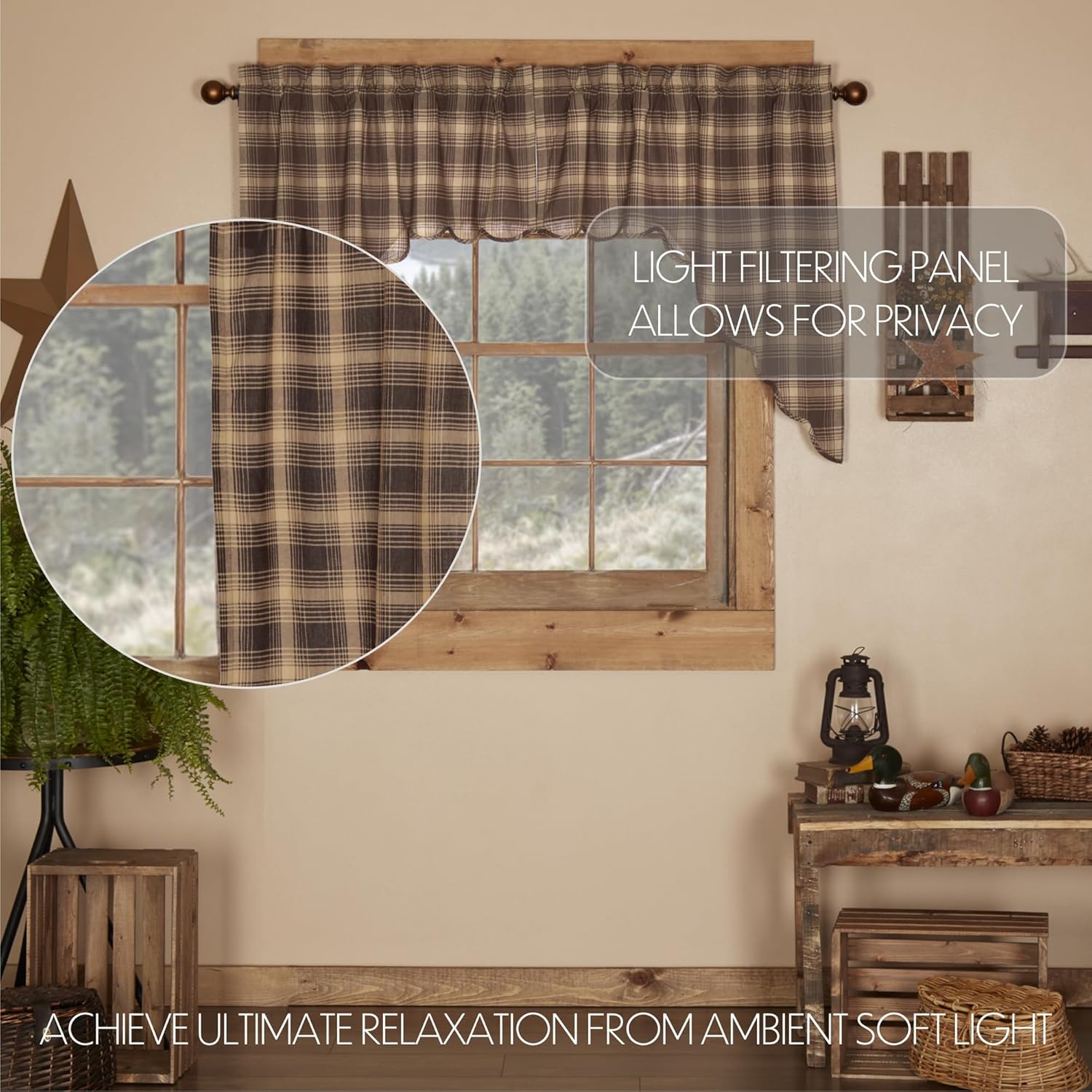 VHC Brands Woodland Brown Rustic Kitchen Curtains