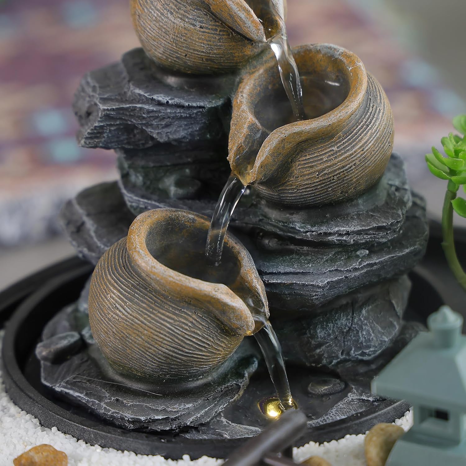 Tabletop Water Fountain with LED Lights and Pagoda