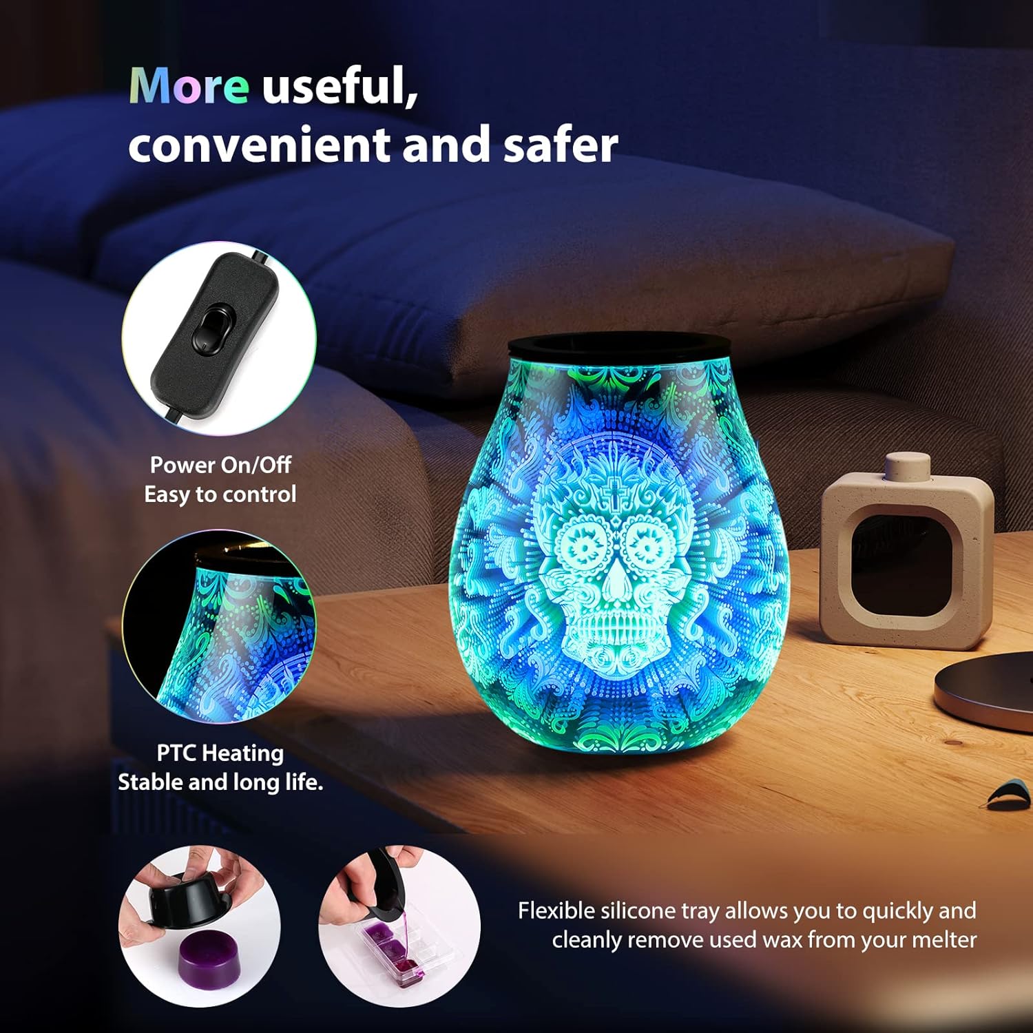 Inrorans 3D Skull Halloween Wax Melter with LED Light and Silicone Tray