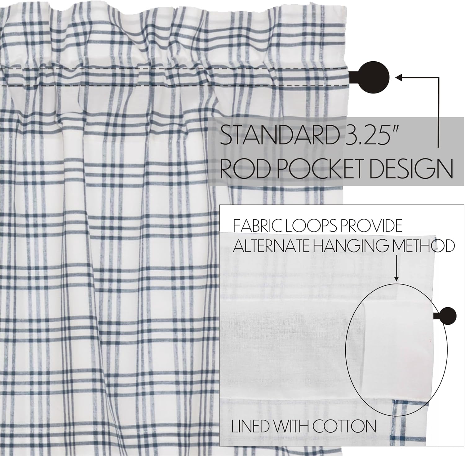 VHC Brands Prairie Swag Farmhouse Kitchen Curtains Blue Plaid