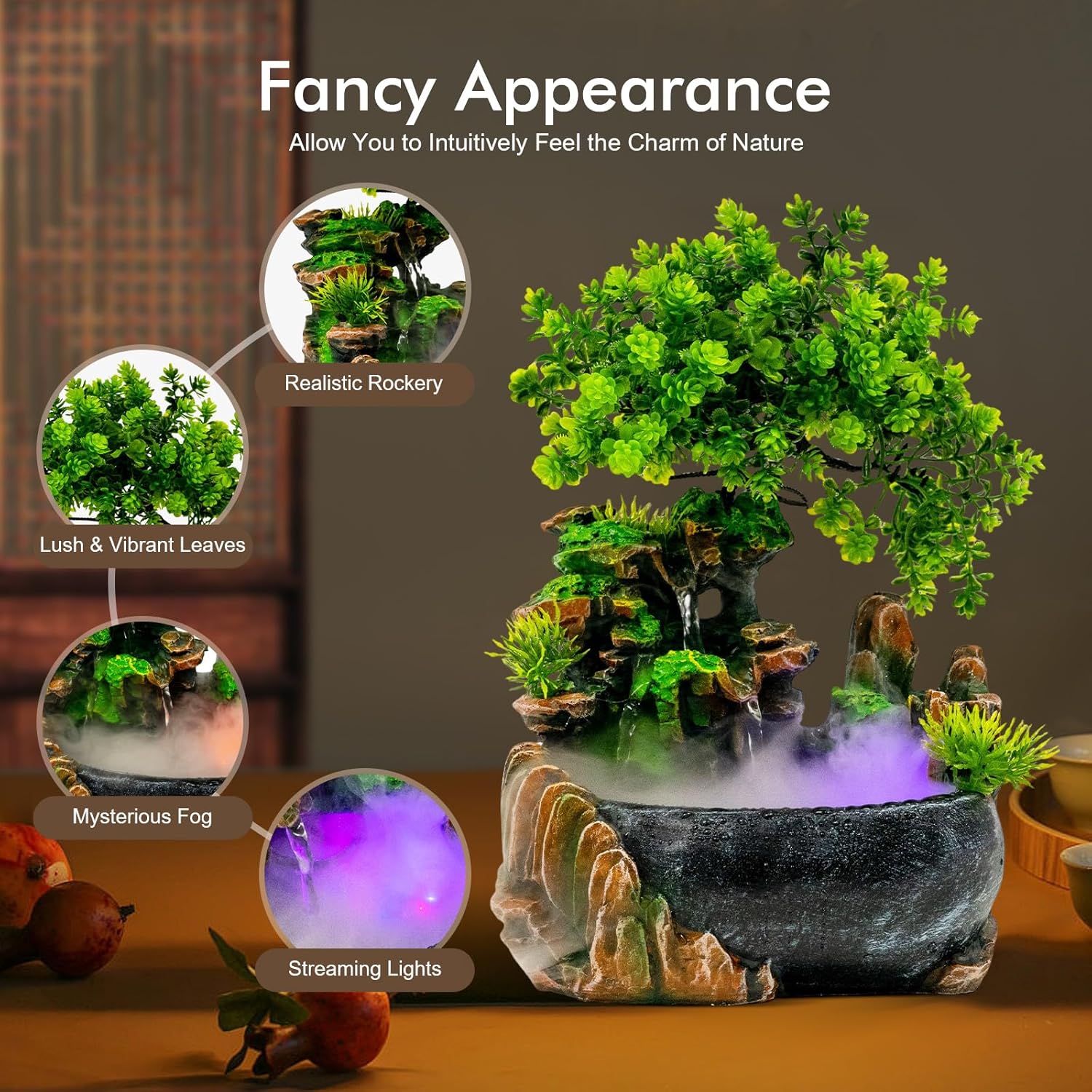 Indoor Tabletop Fountain with LED Light and Atomizer