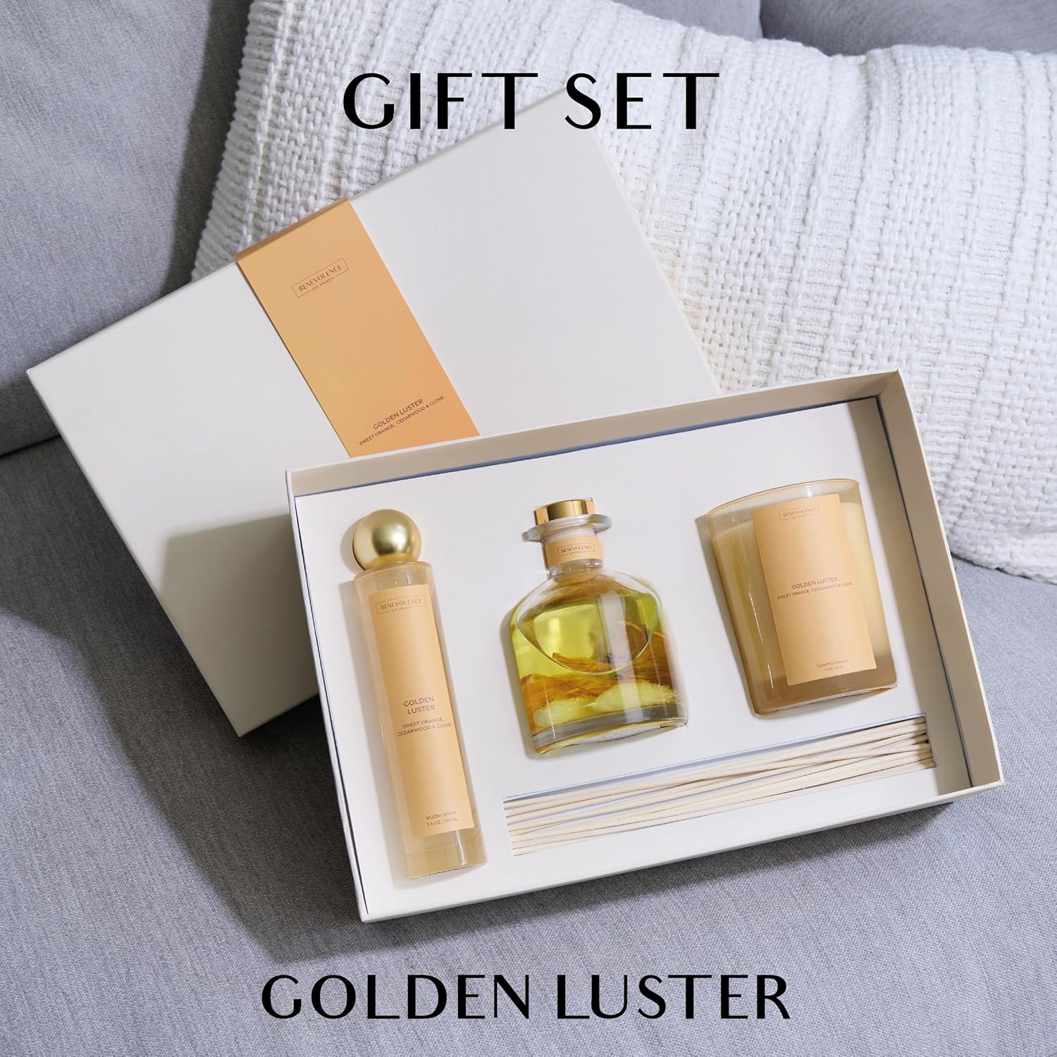 Golden Luster Gift Box with Candle Room Spray and Reed Diffuser